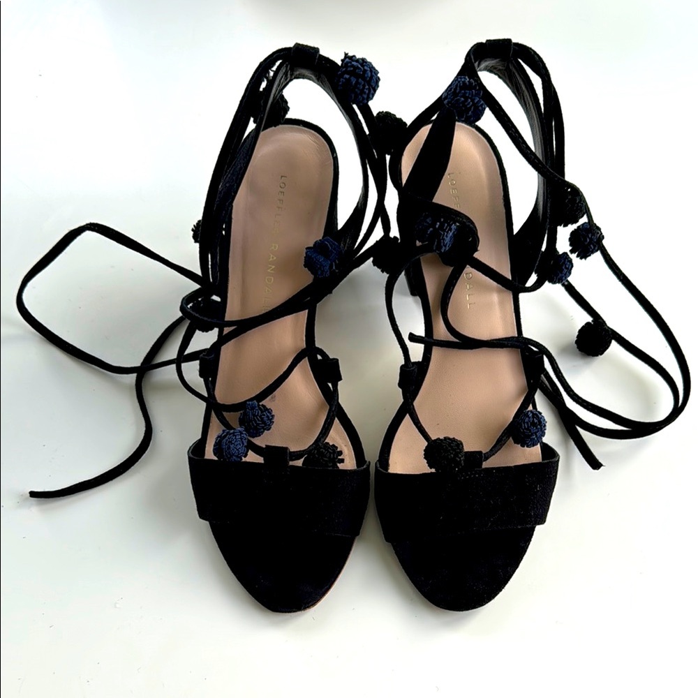 LOEFFLER RANDALL “Bea” Wrap Black Suede Sandals with/pom poms, size 7